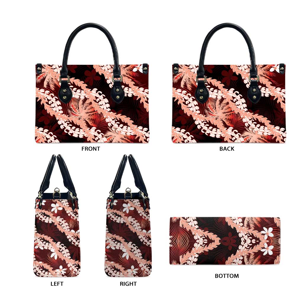 Puakenikeni Maile Lei Leather Bag Frangipani Red Tropical Leaves