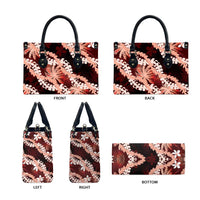 Puakenikeni Maile Lei Leather Bag Frangipani Red Tropical Leaves