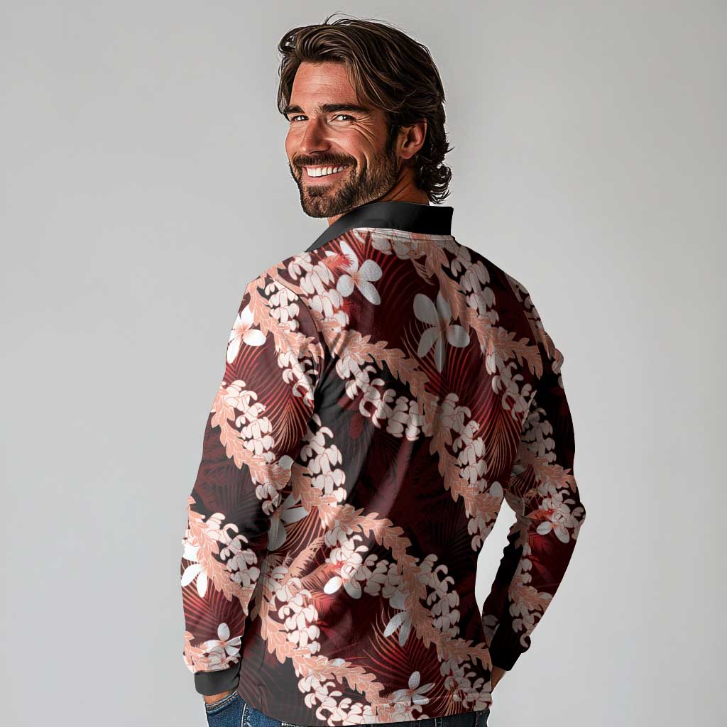Puakenikeni Maile Lei Long Sleeve Polo Shirt Frangipani Red Tropical Leaves LT01 - Polynesian Pride