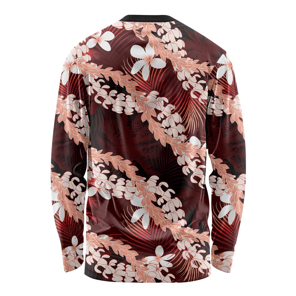 Puakenikeni Maile Lei Long Sleeve Shirt Frangipani Red Tropical Leaves