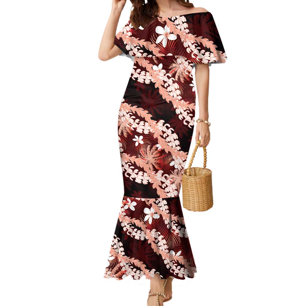 Puakenikeni Maile Lei Mermaid Dress Frangipani Red Tropical Leaves