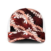 Puakenikeni Maile Lei Mesh Trucker Cap Frangipani Red Tropical Leaves