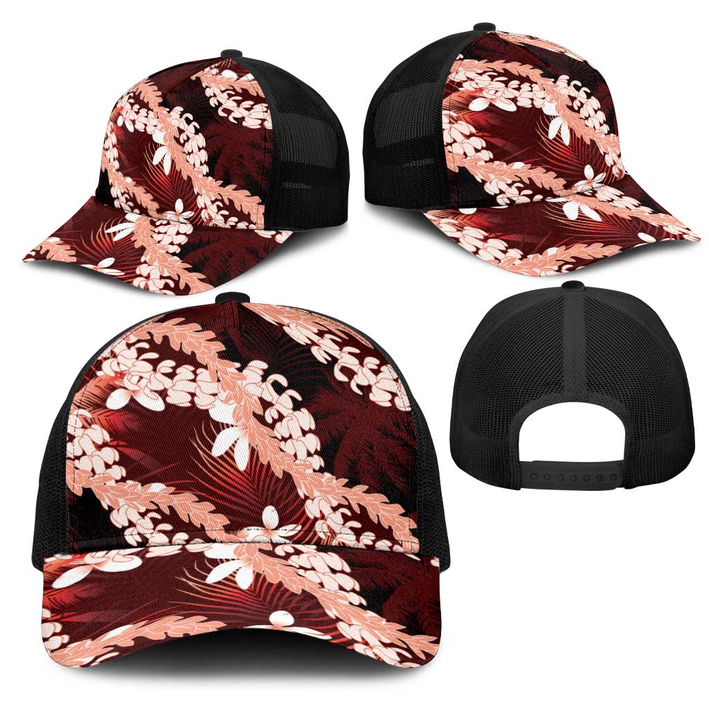 Puakenikeni Maile Lei Mesh Trucker Cap Frangipani Red Tropical Leaves