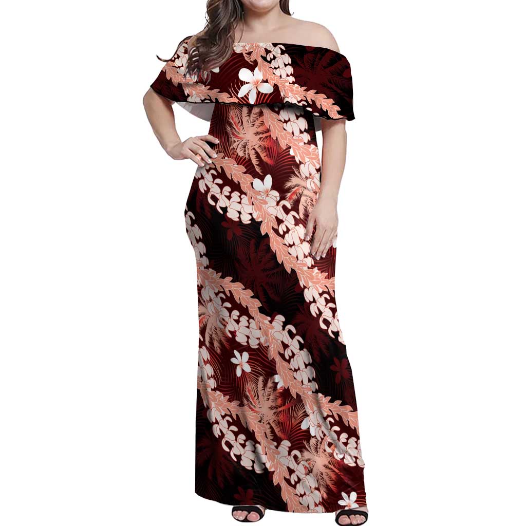 Puakenikeni Maile Lei Off Shoulder Maxi Dress Frangipani Red Tropical Leaves