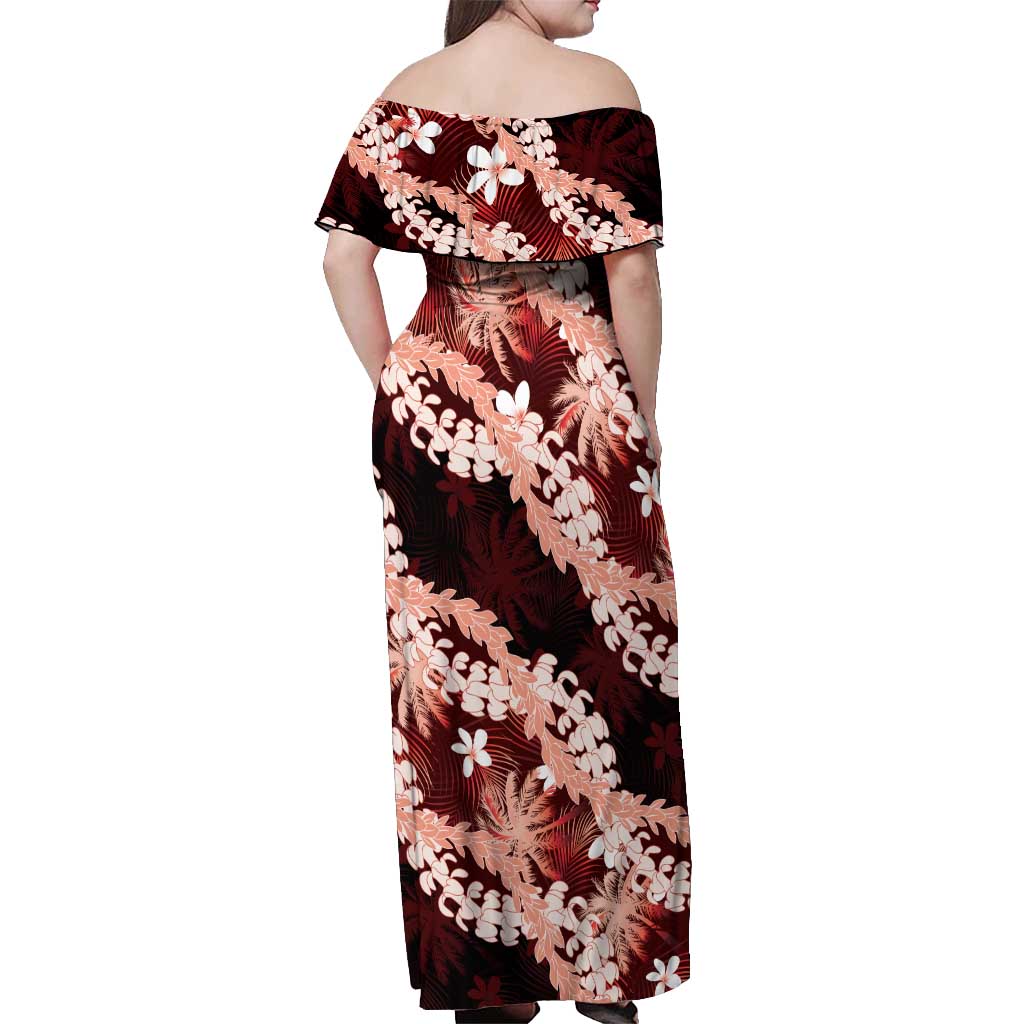 Puakenikeni Maile Lei Off Shoulder Maxi Dress Frangipani Red Tropical Leaves