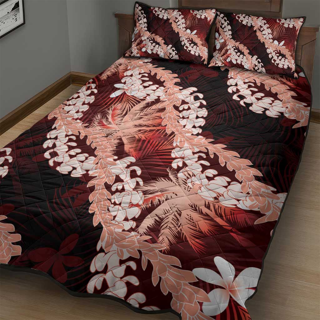 Puakenikeni Maile Lei Quilt Bed Set Frangipani Red Tropical Leaves