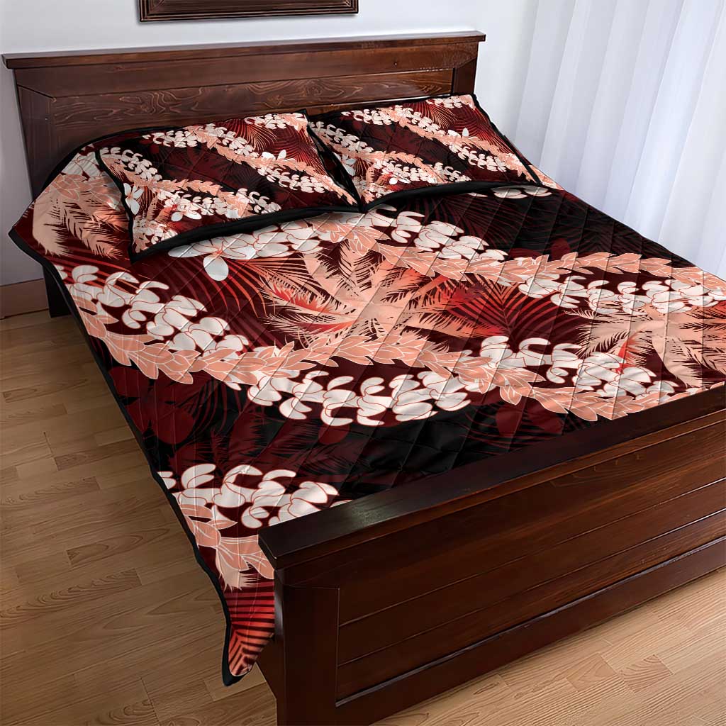 Puakenikeni Maile Lei Quilt Bed Set Frangipani Red Tropical Leaves