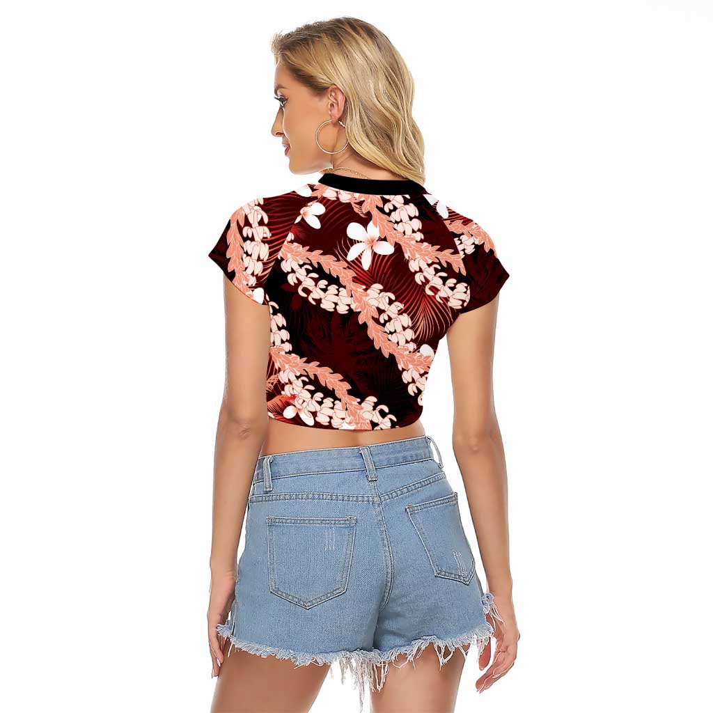 Puakenikeni Maile Lei Raglan Cropped T Shirt Frangipani Red Tropical Leaves