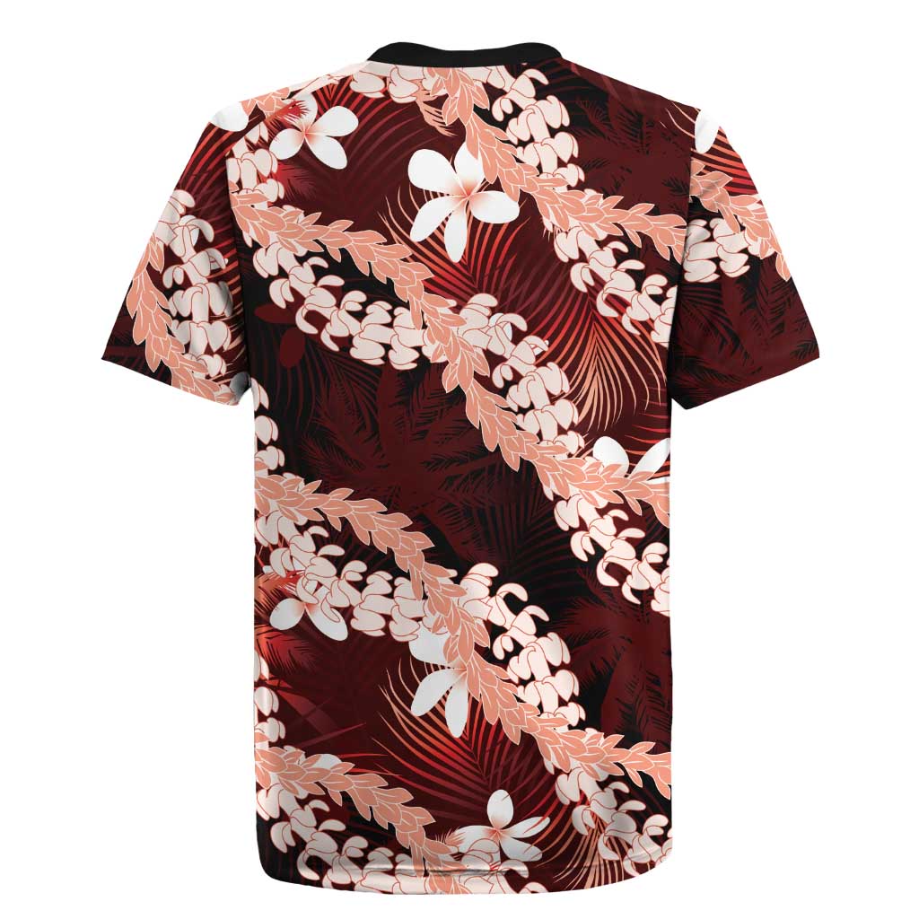 Puakenikeni Maile Lei Rugby Jersey Frangipani Red Tropical Leaves