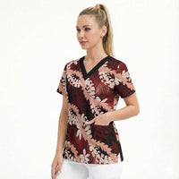 Puakenikeni Maile Lei Scrub Top Frangipani Red Tropical Leaves