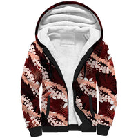 Puakenikeni Maile Lei Sherpa Hoodie Frangipani Red Tropical Leaves