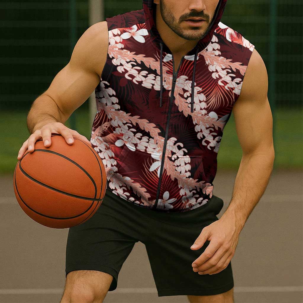 Puakenikeni Maile Lei Sleeveless Zip Hoodie Frangipani Red Tropical Leaves LT01 - Polynesian Pride