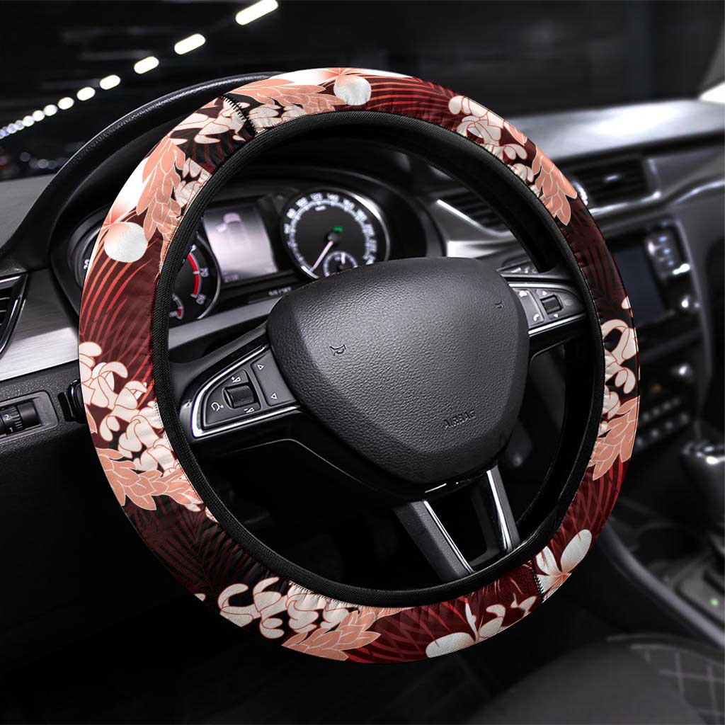 Puakenikeni Maile Lei Steering Wheel Cover Frangipani Red Tropical Leaves LT01 Universal Fit Red - Polynesian Pride
