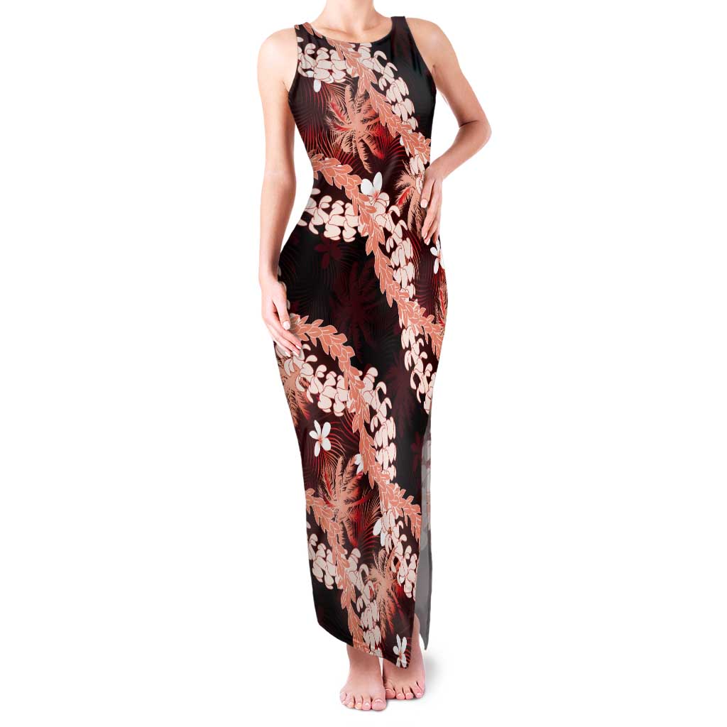 Puakenikeni Maile Lei Tank Maxi Dress Frangipani Red Tropical Leaves LT01 Women Red - Polynesian Pride