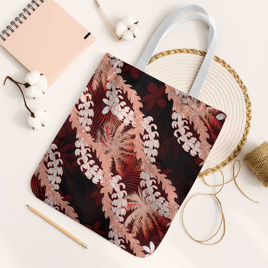 Puakenikeni Maile Lei Tote Bag Frangipani Red Tropical Leaves