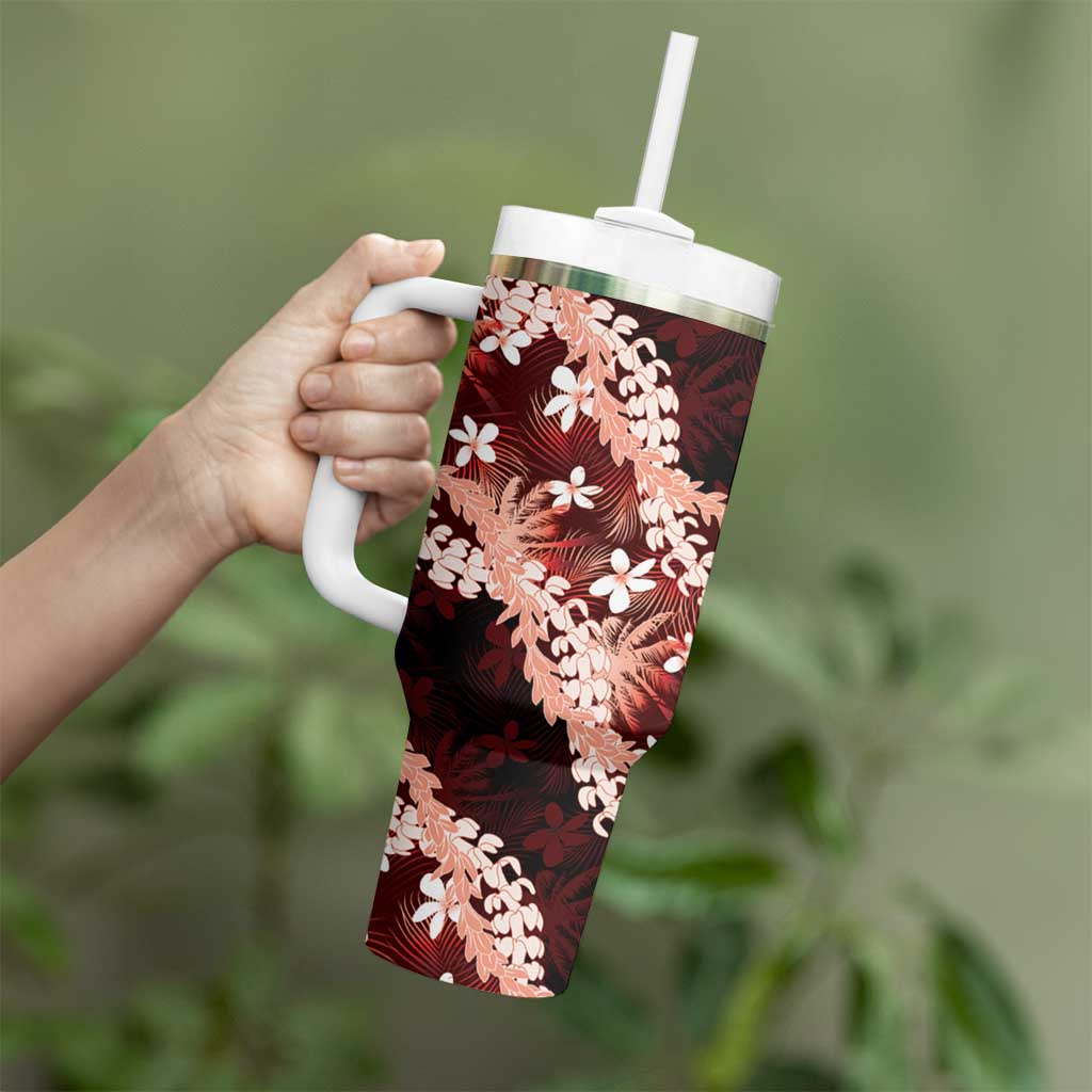 Puakenikeni Maile Lei Tumbler With Handle Frangipani Red Tropical Leaves