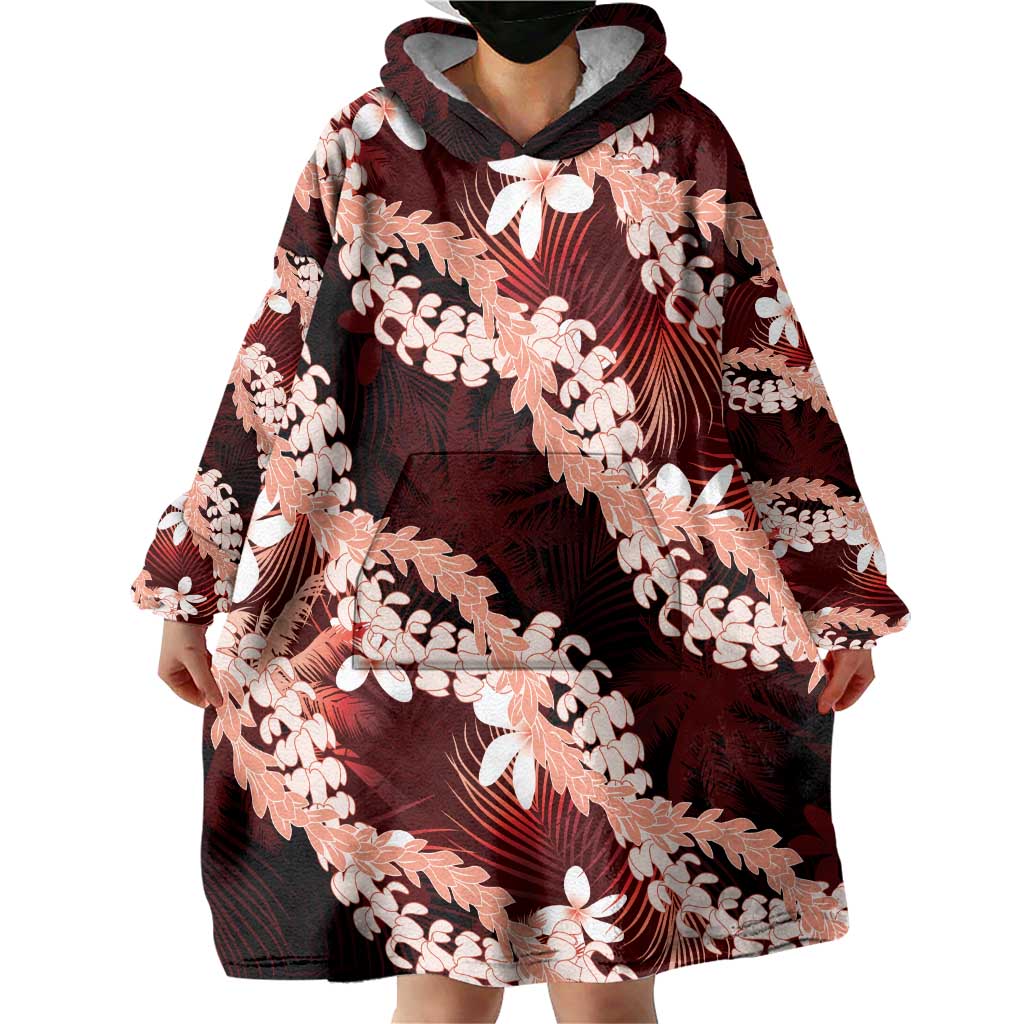 Puakenikeni Maile Lei Wearable Blanket Hoodie Frangipani Red Tropical Leaves LT01 - Polynesian Pride