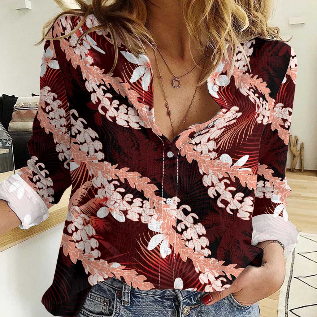Puakenikeni Maile Lei Women Casual Shirt Frangipani Red Tropical Leaves LT01 Female Red - Polynesian Pride