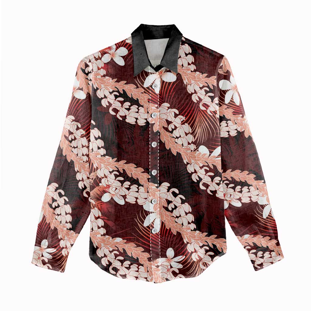 Puakenikeni Maile Lei Women Casual Shirt Frangipani Red Tropical Leaves LT01 - Polynesian Pride