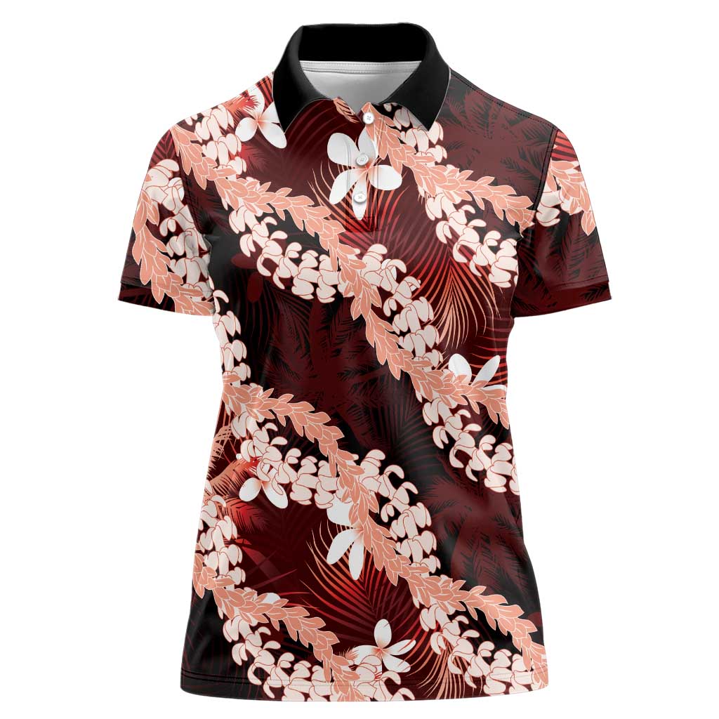 Puakenikeni Maile Lei Women Polo Shirt Frangipani Red Tropical Leaves LT01 Female Red - Polynesian Pride