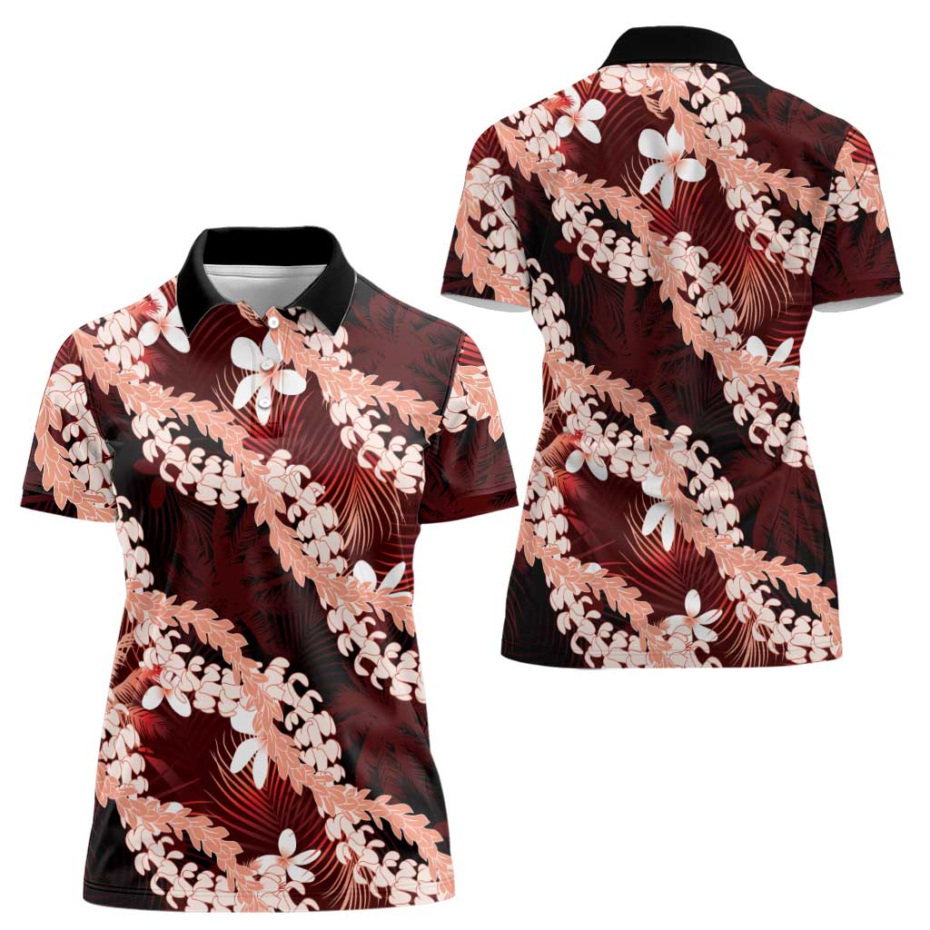 Puakenikeni Maile Lei Women Polo Shirt Frangipani Red Tropical Leaves LT01 - Polynesian Pride