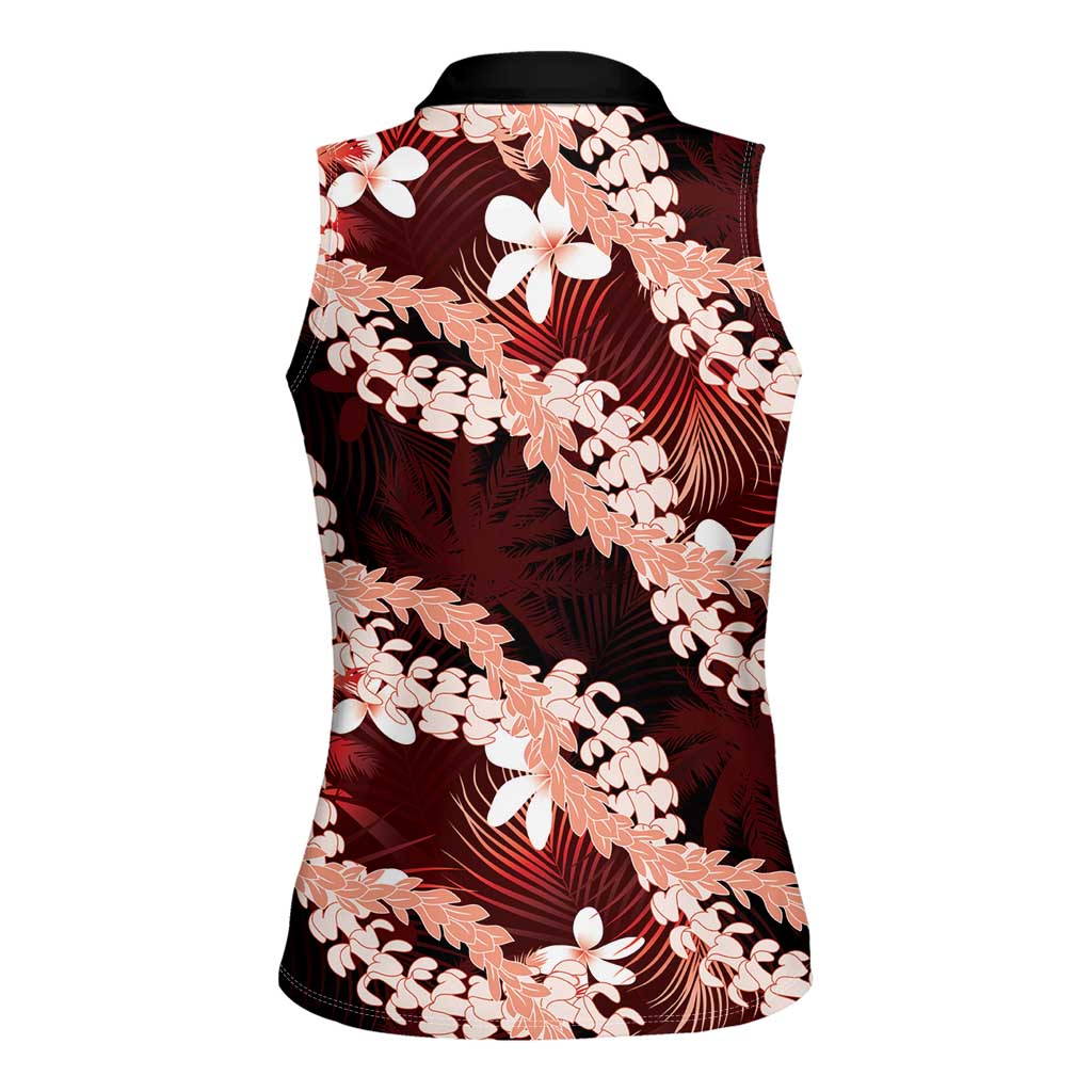 Puakenikeni Maile Lei Women Sleeveless Polo Shirt Frangipani Red Tropical Leaves