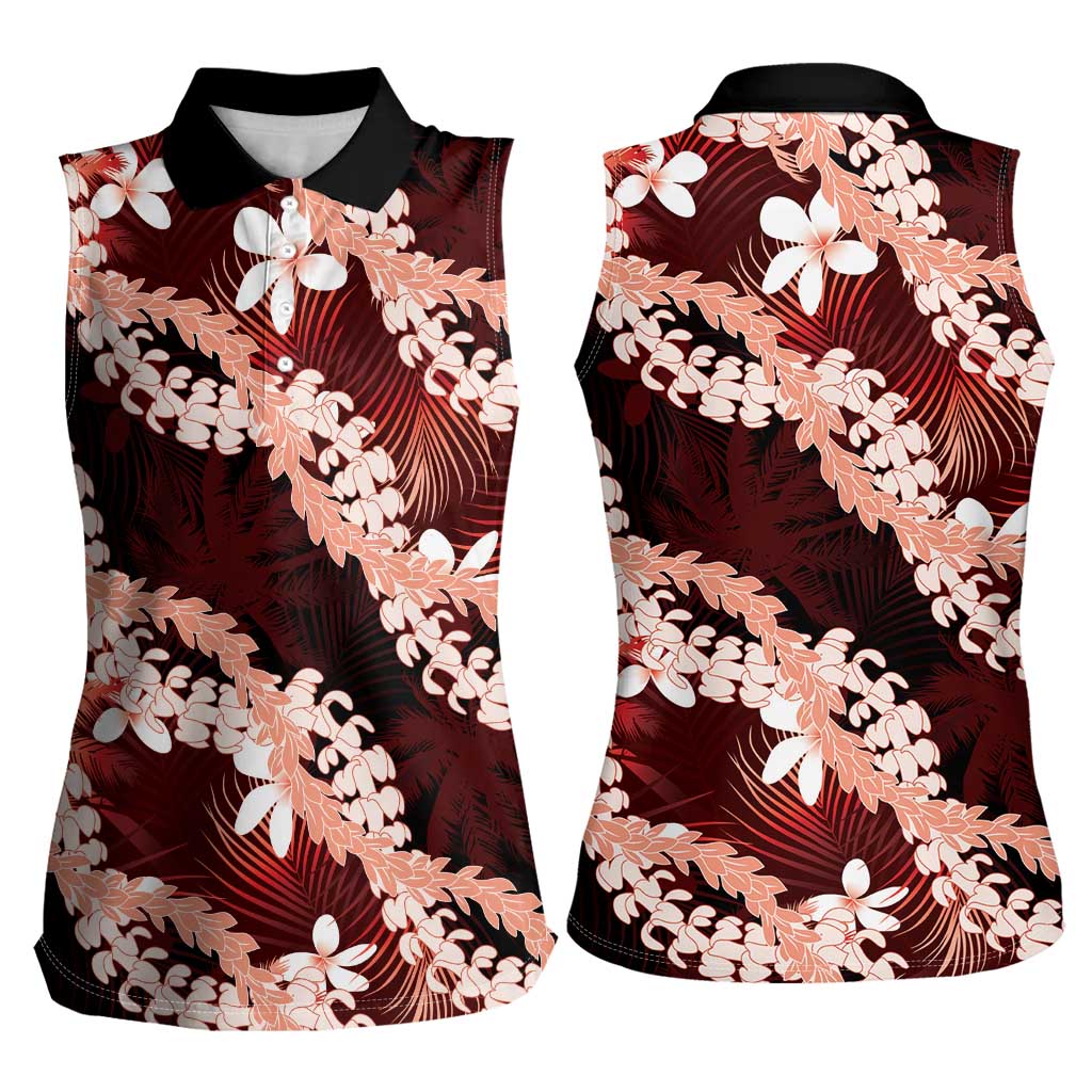 Puakenikeni Maile Lei Women Sleeveless Polo Shirt Frangipani Red Tropical Leaves