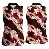 Puakenikeni Maile Lei Women Sleeveless Polo Shirt Frangipani Red Tropical Leaves