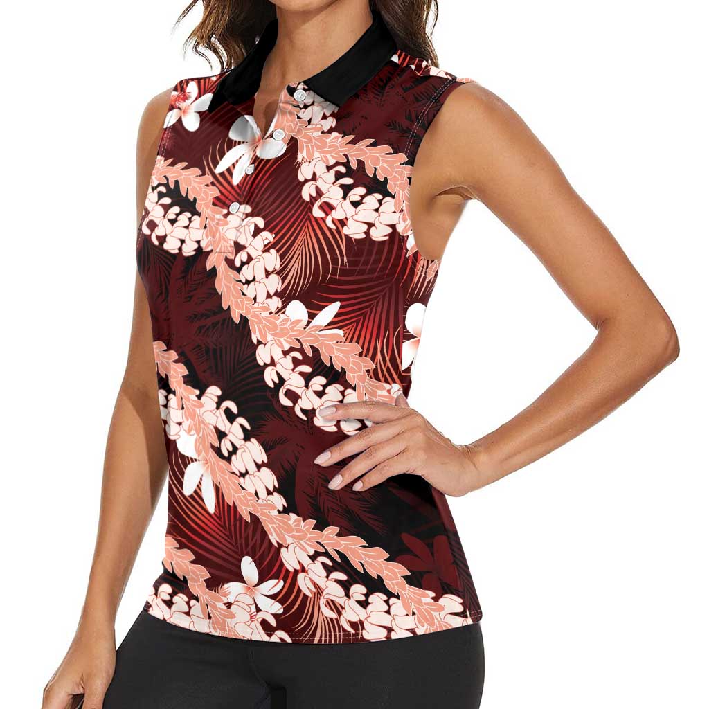Puakenikeni Maile Lei Women Sleeveless Polo Shirt Frangipani Red Tropical Leaves
