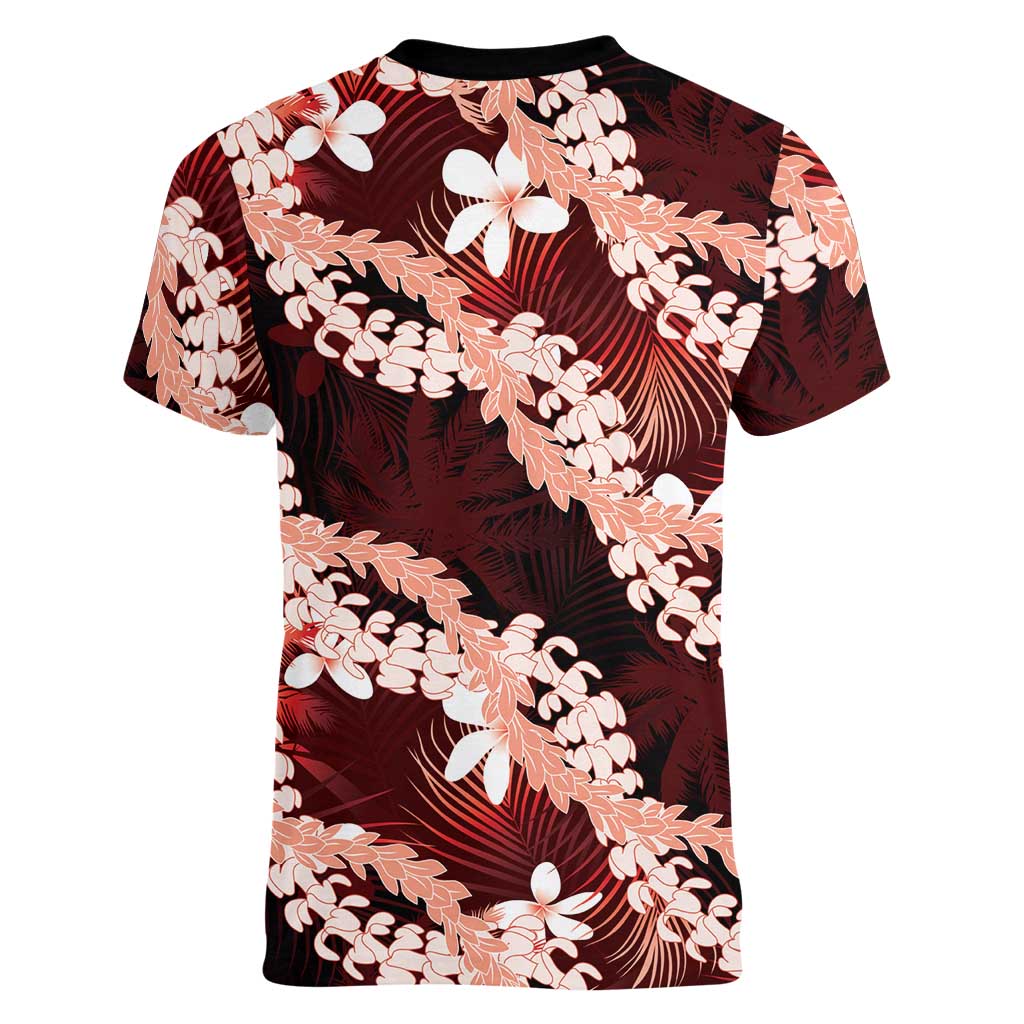 Puakenikeni Maile Lei Women V-Neck T-Shirt Frangipani Red Tropical Leaves LT01 - Polynesian Pride