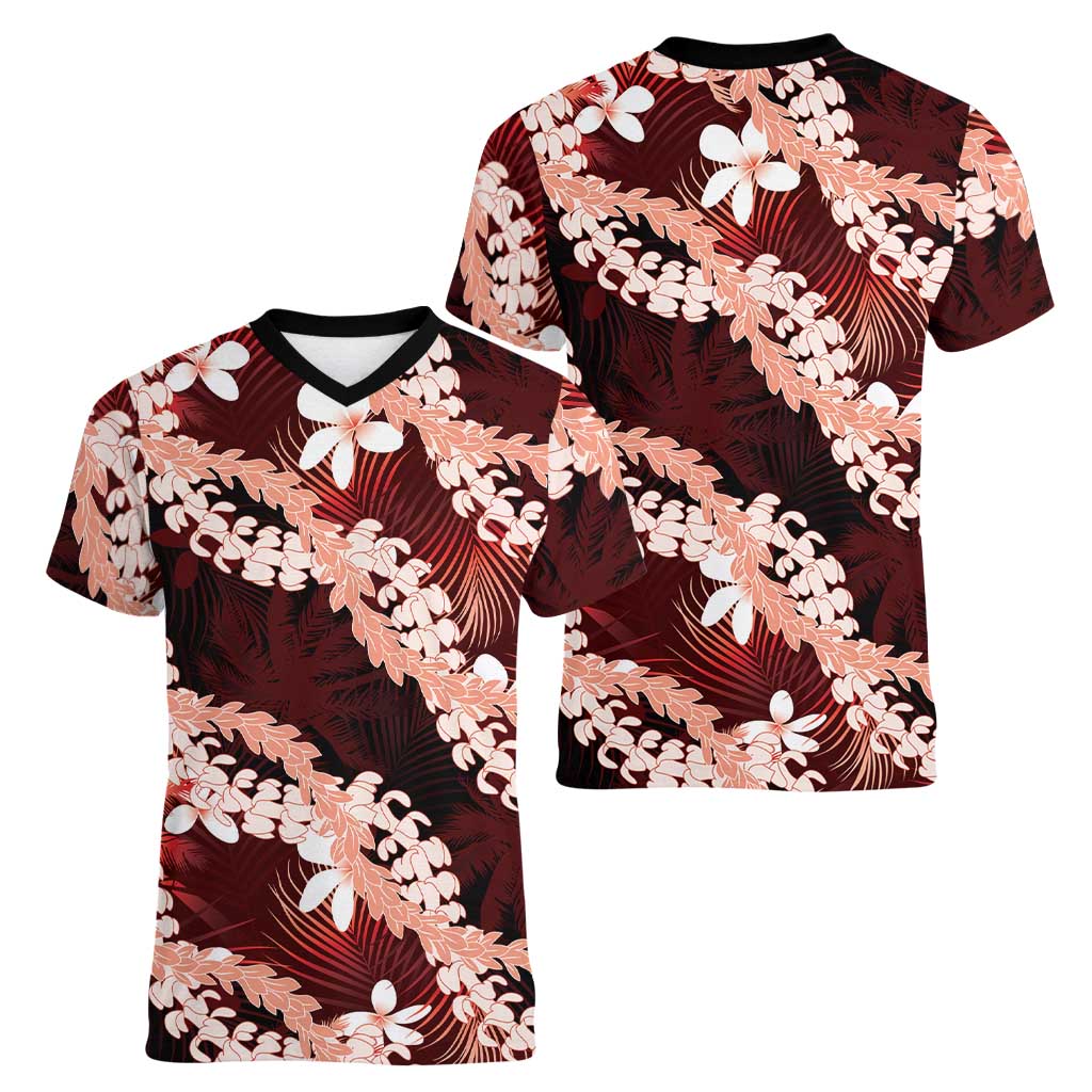 Puakenikeni Maile Lei Women V-Neck T-Shirt Frangipani Red Tropical Leaves LT01 - Polynesian Pride