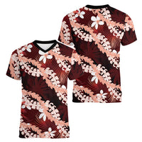 Puakenikeni Maile Lei Women V-Neck T-Shirt Frangipani Red Tropical Leaves LT01 - Polynesian Pride