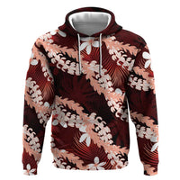 Puakenikeni Maile Lei Zip Hoodie Frangipani Red Tropical Leaves