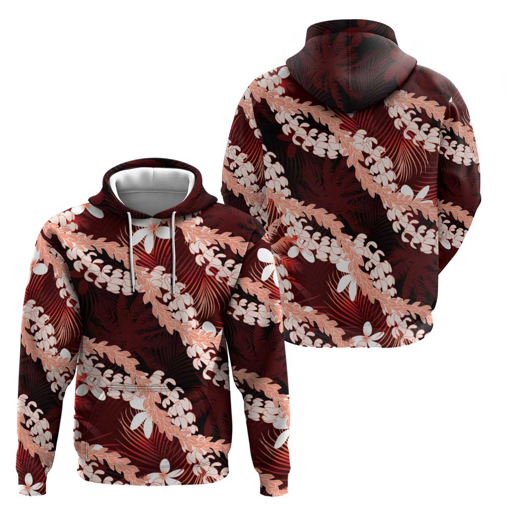 Puakenikeni Maile Lei Zip Hoodie Frangipani Red Tropical Leaves