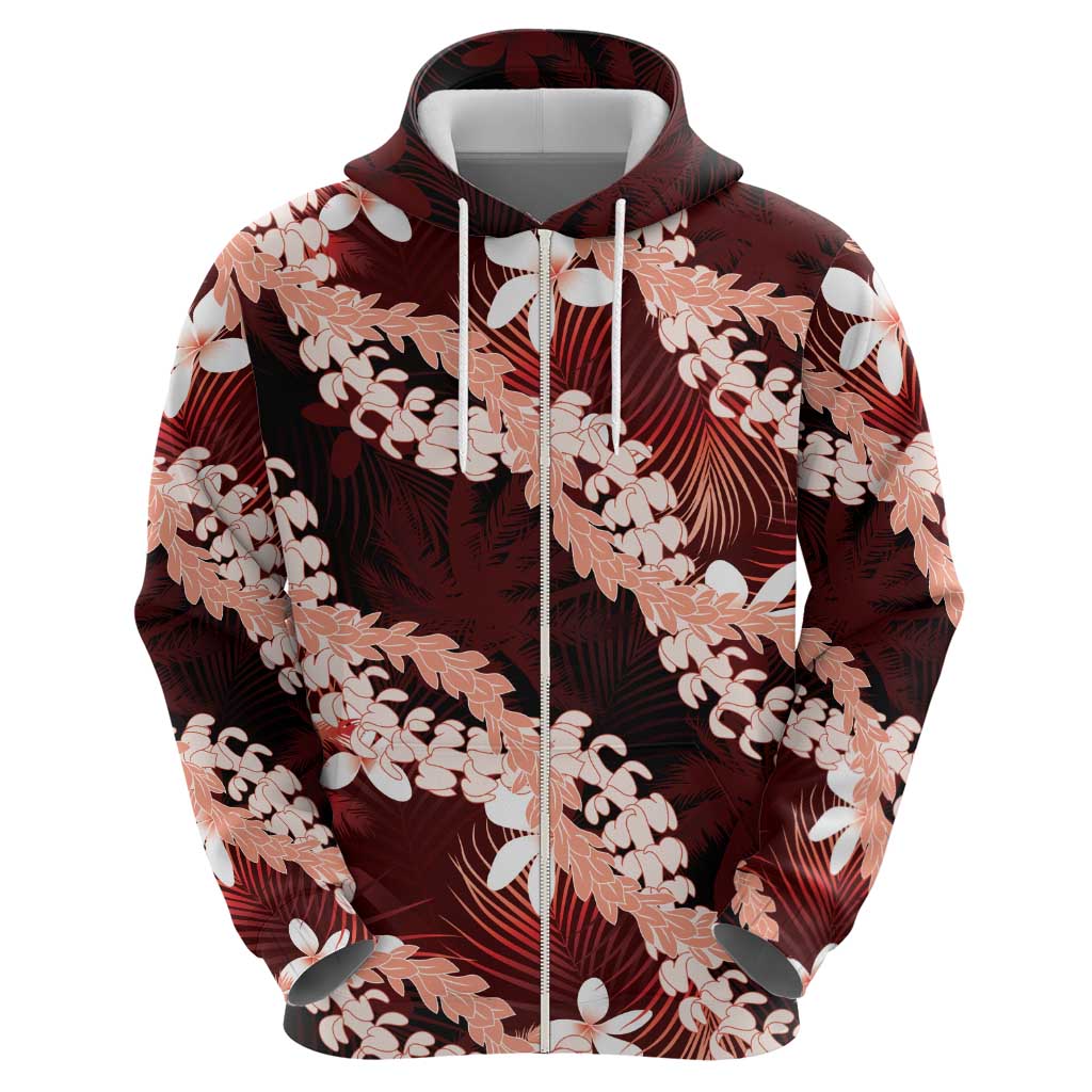 Puakenikeni Maile Lei Zip Hoodie Frangipani Red Tropical Leaves