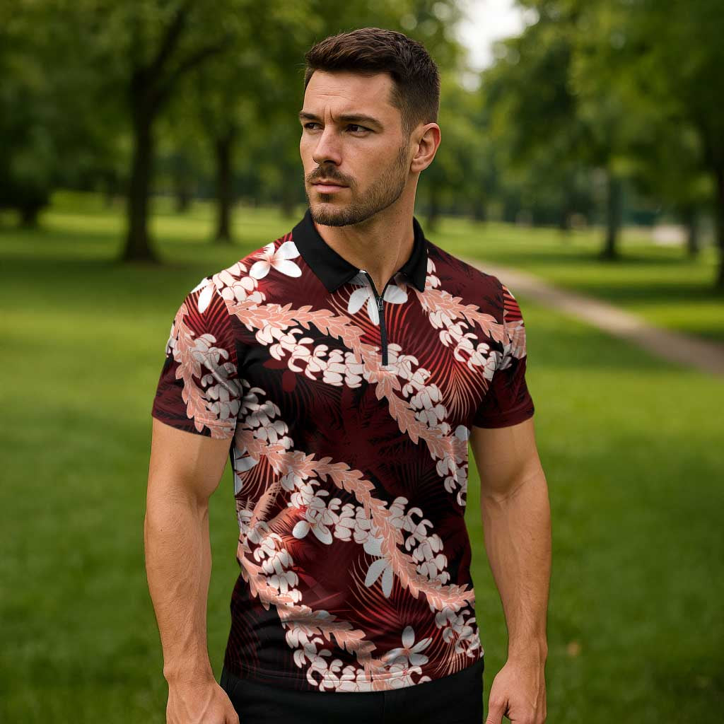 Puakenikeni Maile Lei Zipper Polo Shirt Frangipani Red Tropical Leaves LT01 - Polynesian Pride
