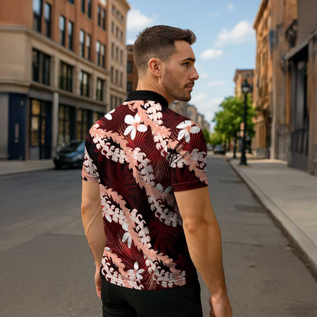 Puakenikeni Maile Lei Zipper Polo Shirt Frangipani Red Tropical Leaves LT01 - Polynesian Pride