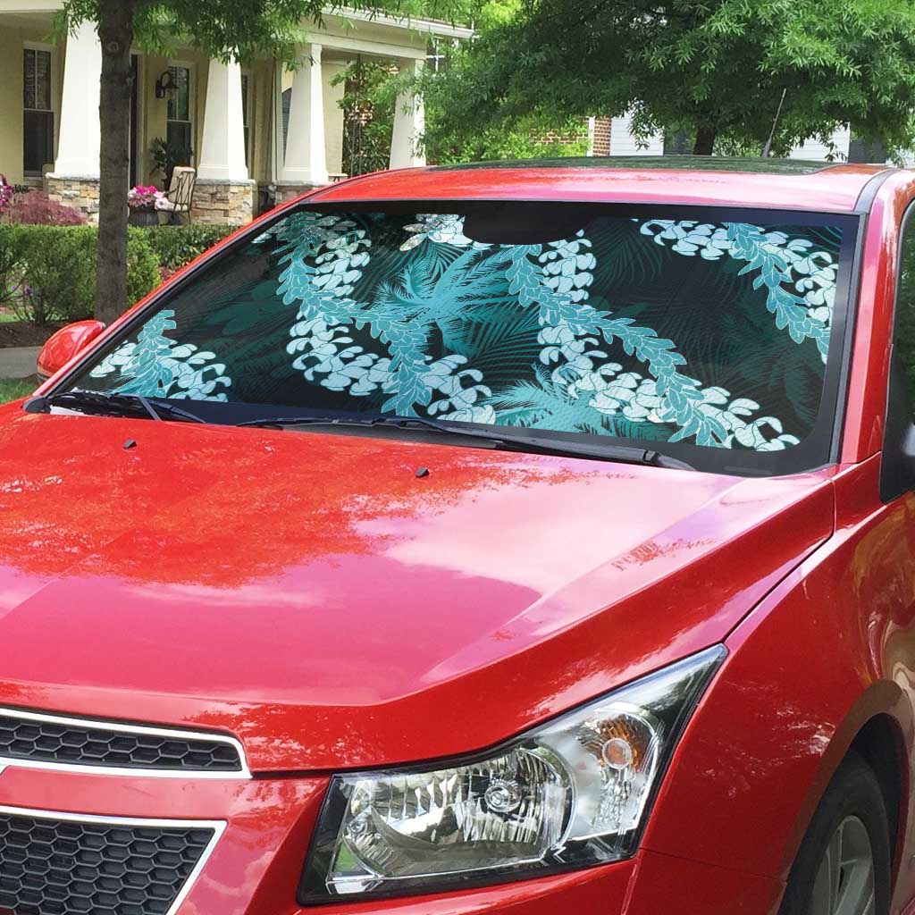 Puakenikeni Maile Lei Auto Sun Shade Frangipani Turquoise Tropical Leaves LT01 - Polynesian Pride