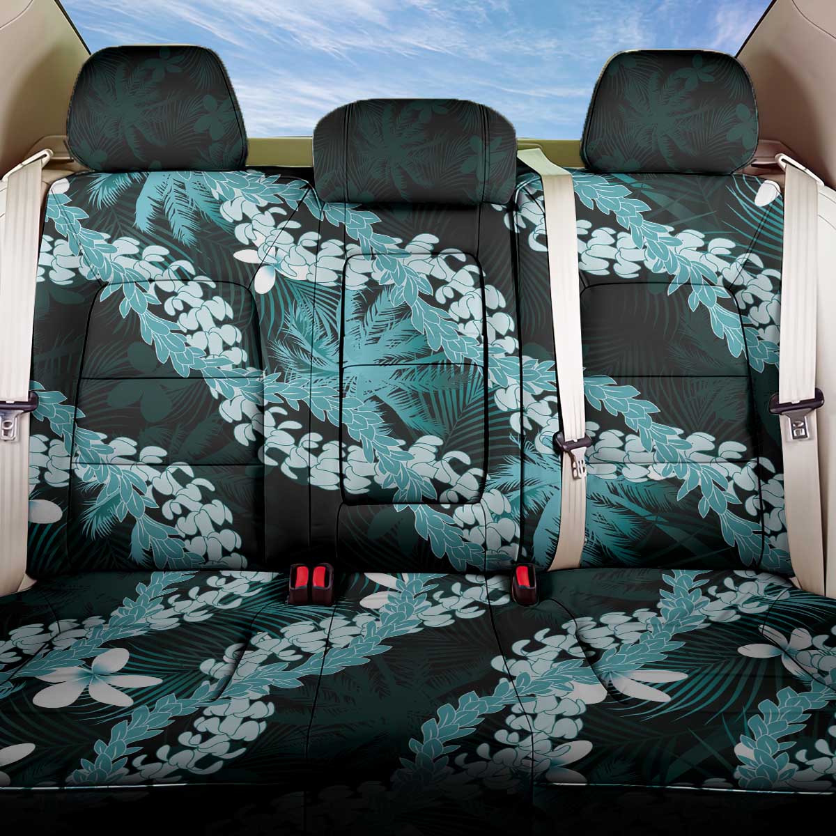 Puakenikeni Maile Lei Back Car Seat Cover Frangipani Turquoise Tropical Leaves LT01 One Size Turquoise - Polynesian Pride