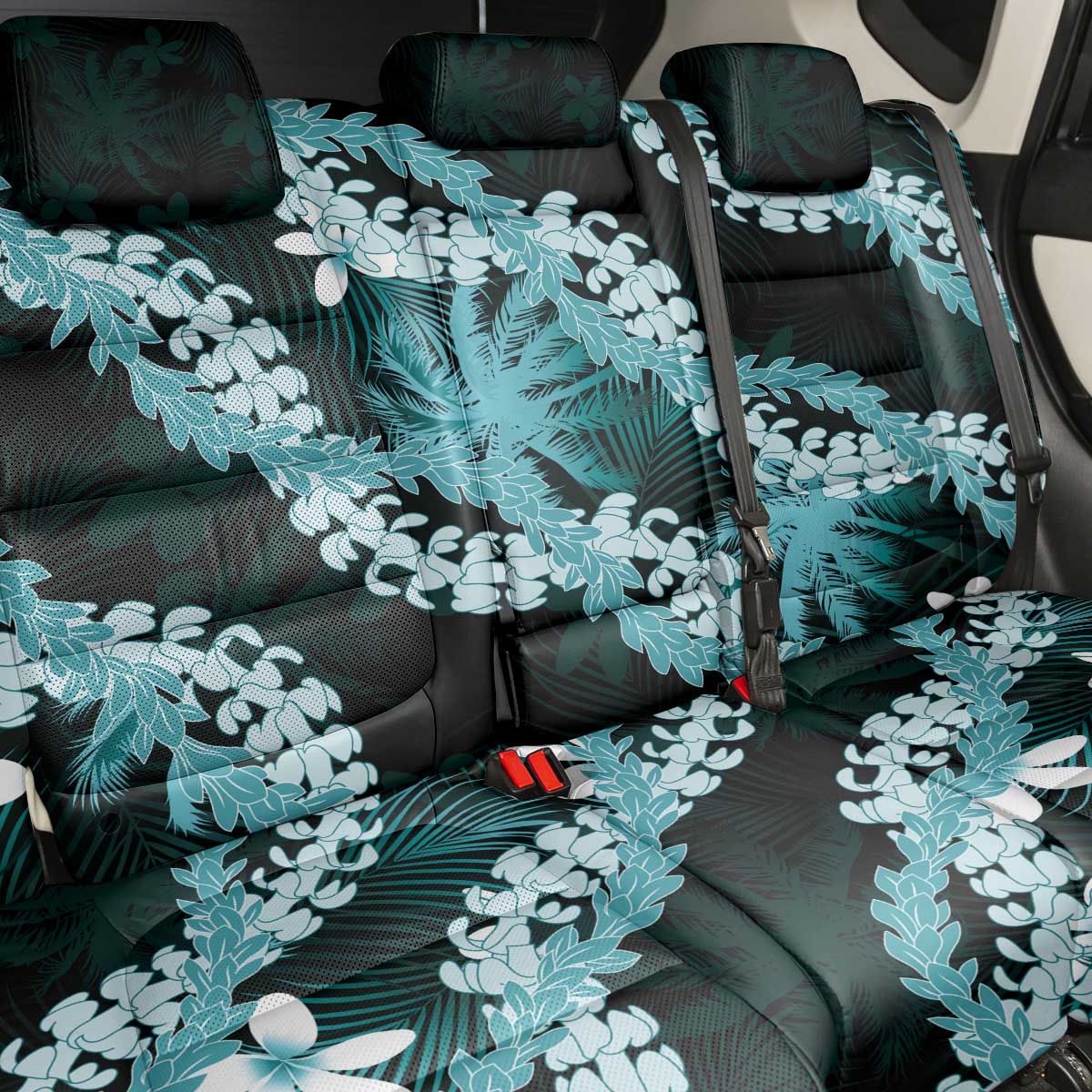 Puakenikeni Maile Lei Back Car Seat Cover Frangipani Turquoise Tropical Leaves LT01 - Polynesian Pride