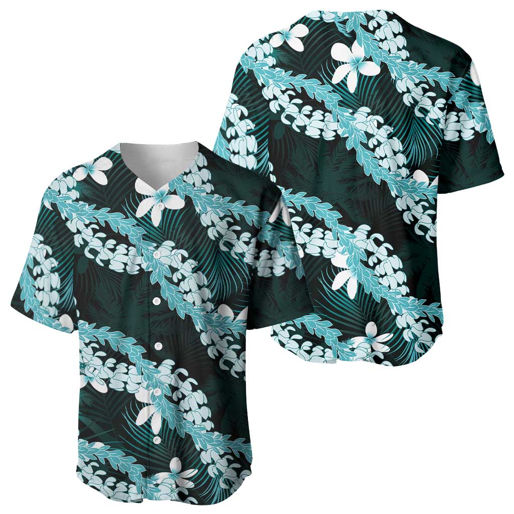 Puakenikeni Maile Lei Baseball Jersey Frangipani Turquoise Tropical Leaves