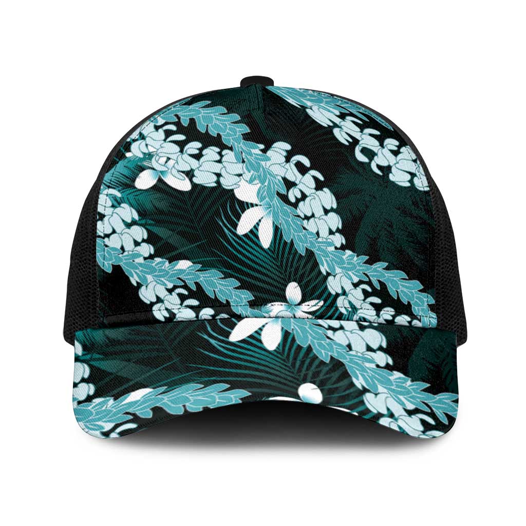 Puakenikeni Maile Lei Baseball Net Cap Frangipani Turquoise Tropical Leaves