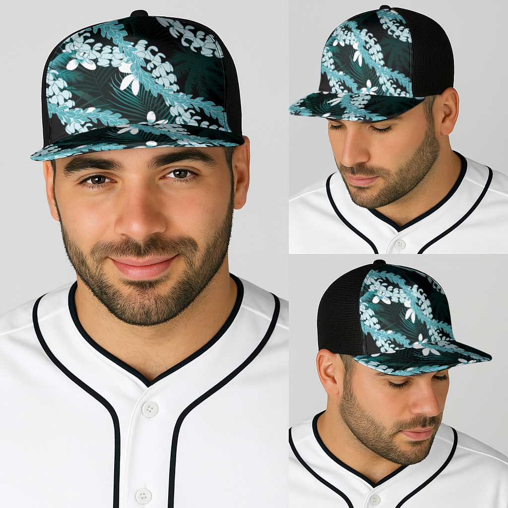 Puakenikeni Maile Lei Baseball Net Cap Frangipani Turquoise Tropical Leaves
