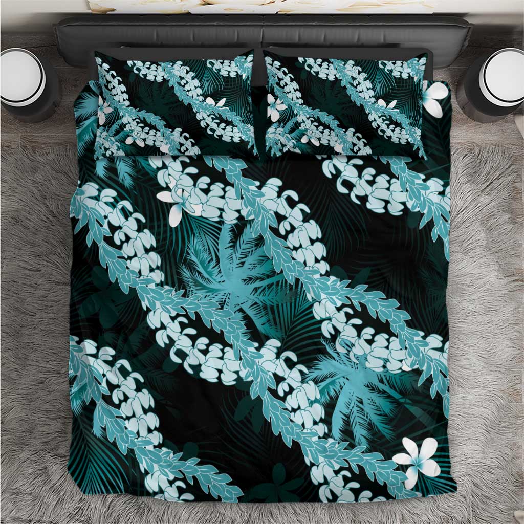 Puakenikeni Maile Lei Bedding Set Frangipani Turquoise Tropical Leaves