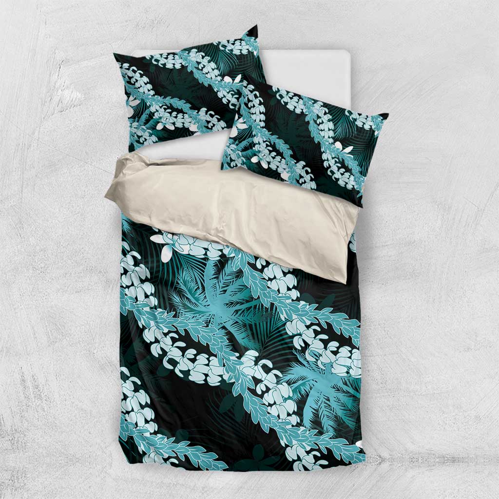 Puakenikeni Maile Lei Bedding Set Frangipani Turquoise Tropical Leaves