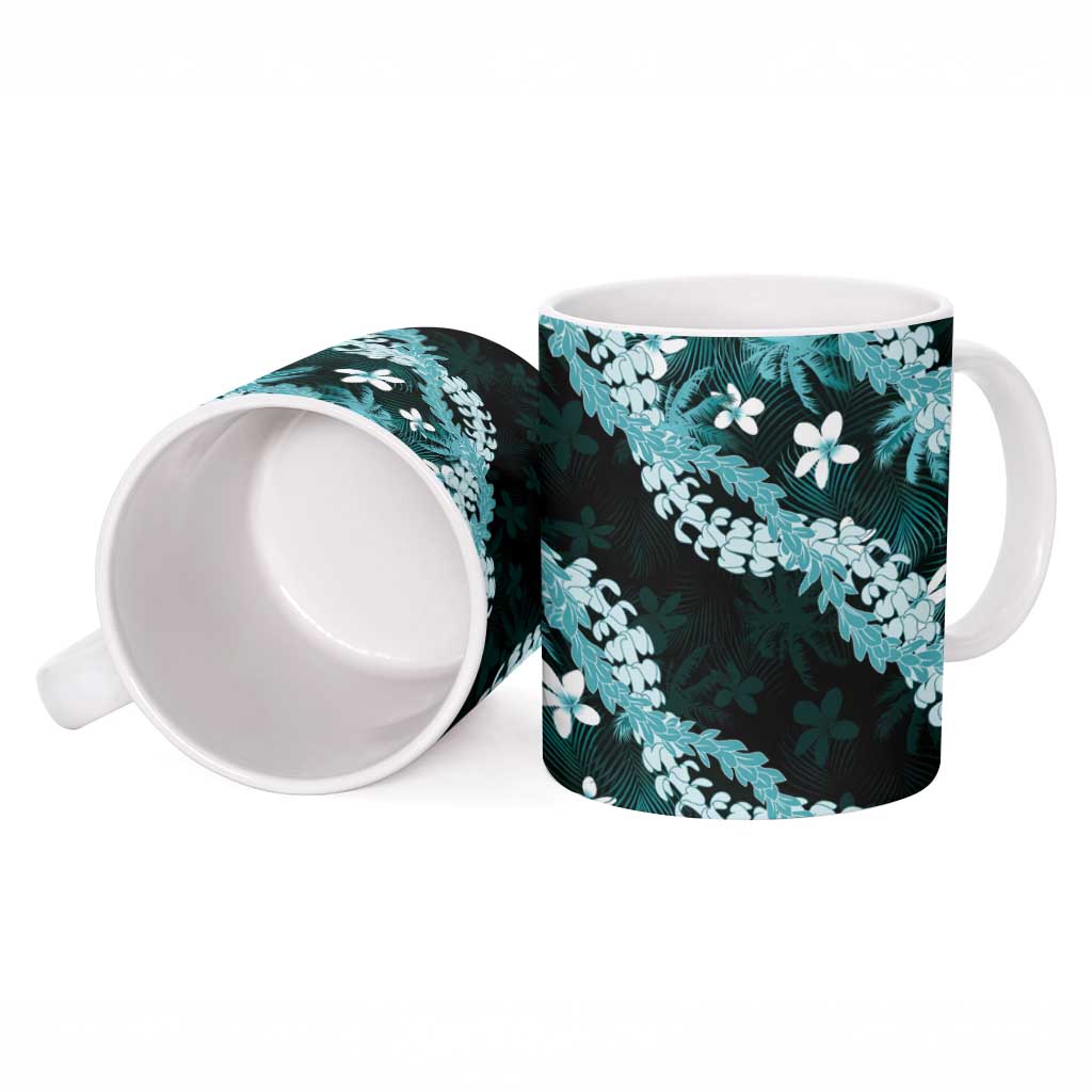 Puakenikeni Maile Lei Ceramic Mug Frangipani Turquoise Tropical Leaves