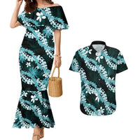 Puakenikeni Maile Lei Couples Matching Mermaid Dress and Hawaiian Shirt Frangipani Turquoise Tropical Leaves