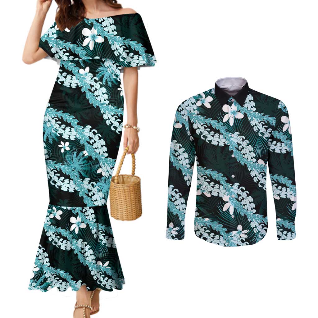 Puakenikeni Maile Lei Couples Matching Mermaid Dress and Long Sleeve Button Shirt Frangipani Turquoise Tropical Leaves