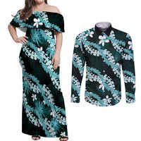 Puakenikeni Maile Lei Couples Matching Off Shoulder Maxi Dress and Long Sleeve Button Shirt Frangipani Turquoise Tropical Leaves