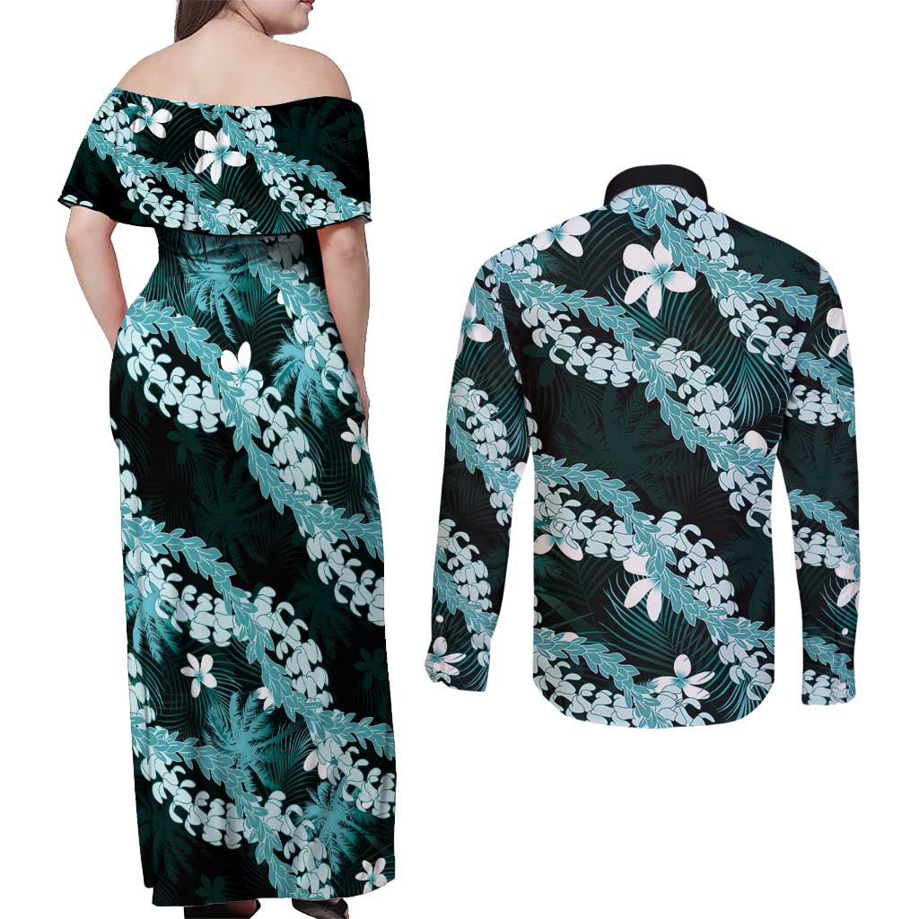 Puakenikeni Maile Lei Couples Matching Off Shoulder Maxi Dress and Long Sleeve Button Shirt Frangipani Turquoise Tropical Leaves